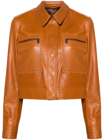FRAME BROWN CROPPED LEATHER JACKET