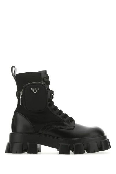 PRADA PRADA MAN BLACK LEATHER AND NYLON MONOLITH BOOTS