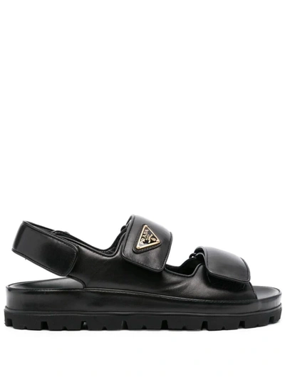 Prada Touch-strap Leather Sandals In Black