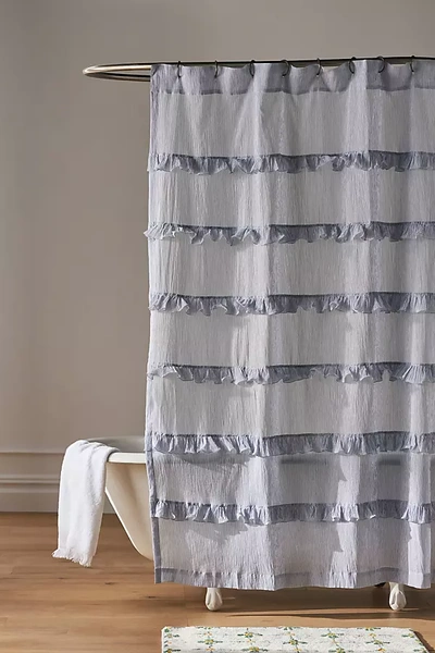 Anthropologie Ruffle Stripe Shower Curtain In Blue