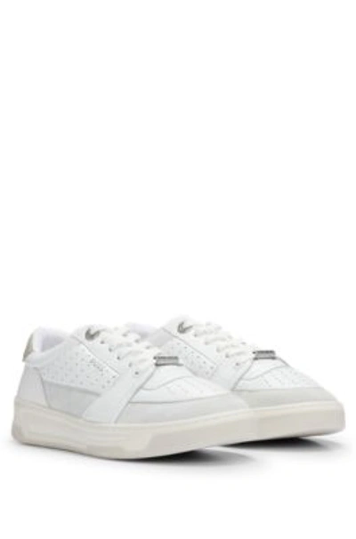 Hugo Boss Leather Trainers With Suede Trims And Perforations In White