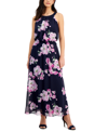 Robbie Bee Plus Size Floral-print Pleat-neck Jersey Dress In Navy Orchid
