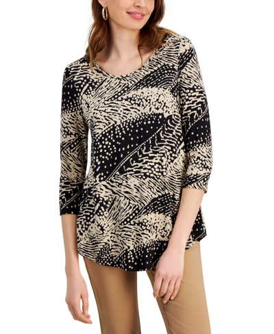 Jm Collection Women's Printed Knit 3/4-sleeve Top, Created For Macy's In Texture Waves