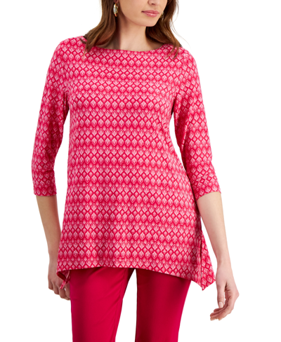Jm Collection Women's Printed Jacquard Swing Top, Created For Macy's In Claret Rose Combo