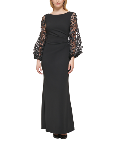Eliza J Women's 3d Floral-sleeve Boat-neck Gown In Black