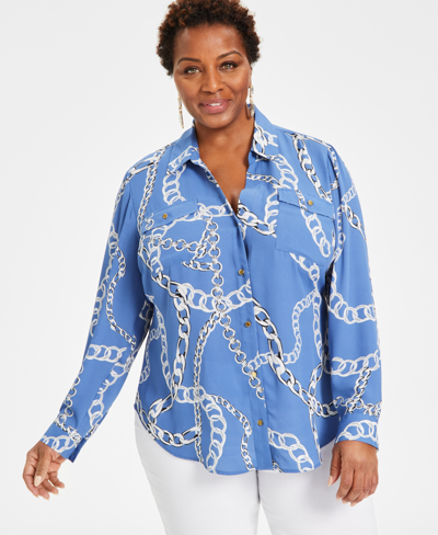 Inc International Concepts Plus Size Printed Collared Button Front Top, Created For Macy's In Chloe Chain Blue