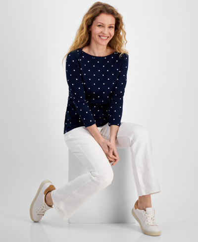 Style & Co Women's Pima Cotton Boat-neck 3/4-sleeve Top, Created For Macy's In Simple Dot Blue