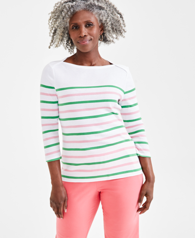Style & Co Women's Pima Cotton Striped 3/4-sleeve Top, Created For Macy's In Nautical Bright White