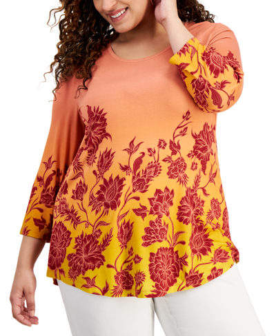 Jm Collection Plus Size Printed Scoop-neck 3/4-sleeve Top, Created For Macy's In Burnt Brick Combo