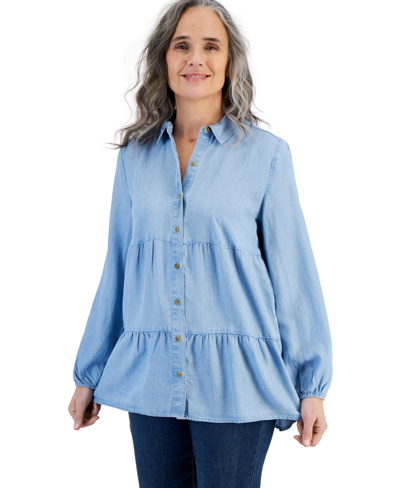 Style & Co Women's Tiered Button-front Chambray Shirt, Created For Macy's In Emma Wash