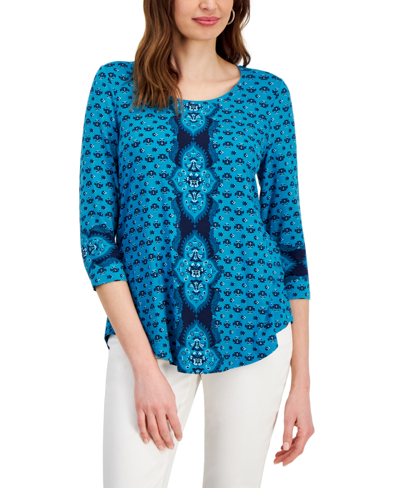 Jm Collection Petite Garden Geometric 3/4-sleeve Top, Created For Macy's In Seafrost Combo