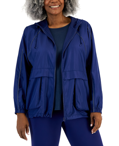 Id Ideology Plus Size Packable Zip-front Hooded Jacket, Created For Macy's In Tartan Blue