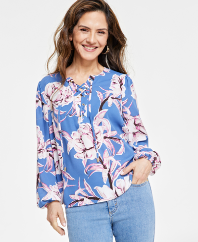 Inc International Concepts Plus Size Printed Lace-up Top, Created For Macy's In Mariana Garden