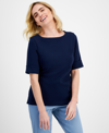 Style & Co Petite Cotton Elbow-sleeve Boat-neck Top, Created For Macy's In Industrial Blue