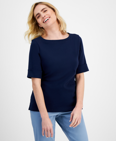 Style & Co Petite Cotton Elbow-sleeve Boat-neck Top, Created For Macy's In Industrial Blue