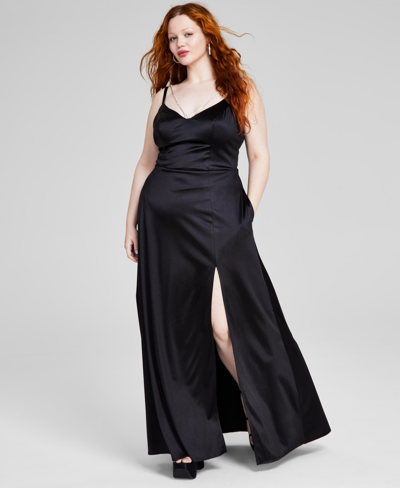 City Studios Trendy Plus Size Strappy Rhinestone Lace-up-back Gown In Black