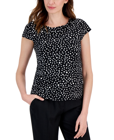 Kasper Women's Dot-print Cowlneck Short-sleeve Top In Black,vanilla Ice
