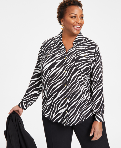 Inc International Concepts Plus Size Animal Print Collared Button Front Top, Created For Macy's In Heather Zebra