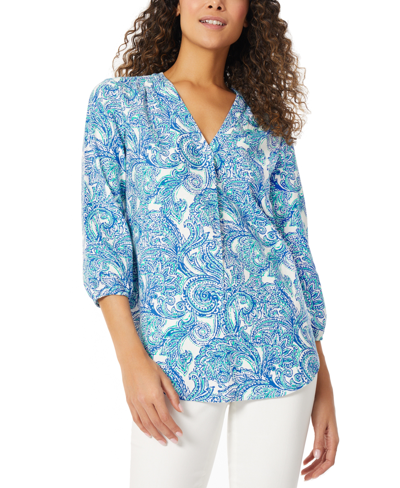 Jones New York Plus Size Linen V-neck Pleated Kelly Blouse In Blue