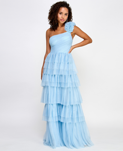 City Studios Juniors' One-shoulder Tiered Tulle Gown In Powder Blue
