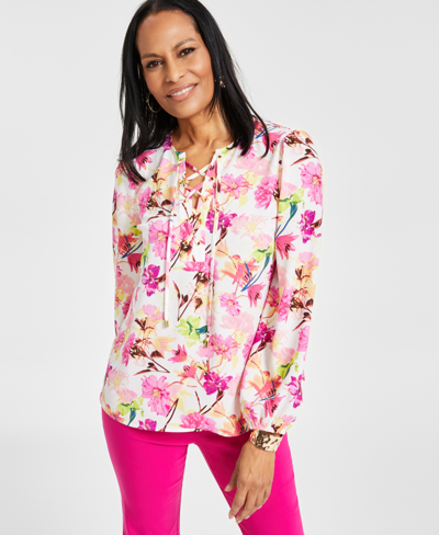 Inc International Concepts Women's Printed Lace-up Blouse, Created For Macy's In Tori Garden