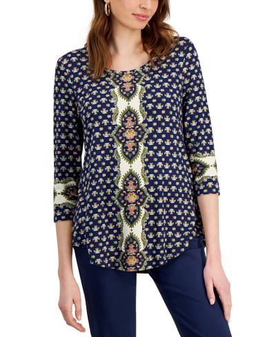 Jm Collection Petite Garden Geometric 3/4-sleeve Top, Created For Macy's In Intrepid Blue Combo