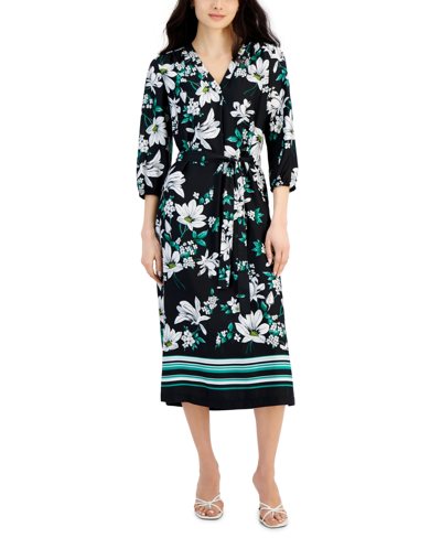 Jones New York Women's Mixed-print V-neck Midi Dress In Jones Black,kelly Green