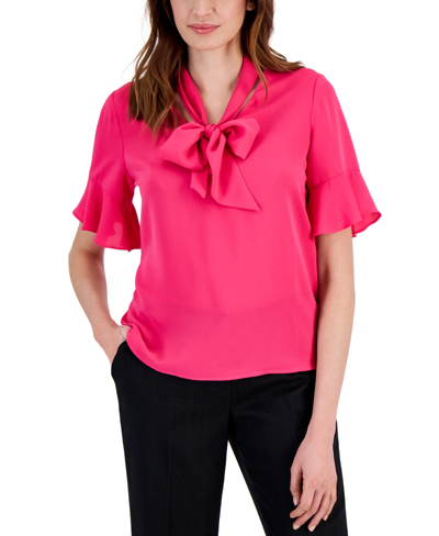 Kasper Women's Tie-neck Elbow-sleeve Blouse In Pink Perfection