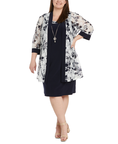 R & M Richards Plus Size Printed Jacket & Necklace Dress Set In Navy,wht