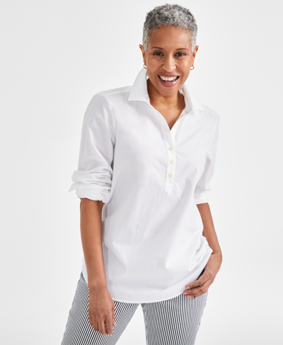 Style & Co Women's Printed Cotton Split-neck Popover Shirt, Created For Macy's In Bright White
