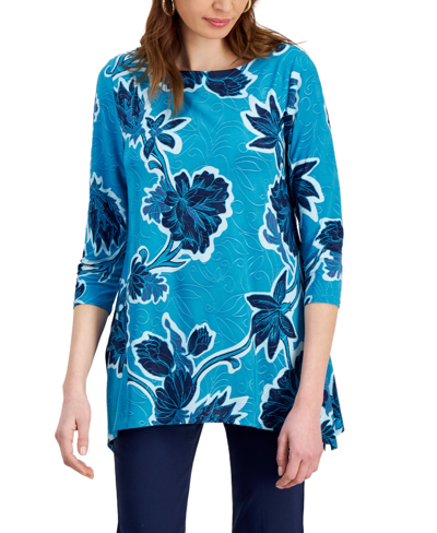 Jm Collection Women's Printed Jacquard Swing Top, Created For Macy's In Seafrost Combo