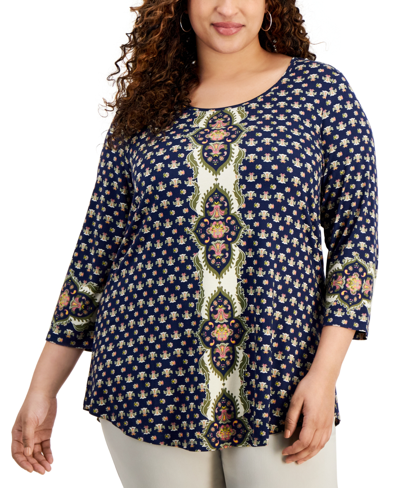 Jm Collection Plus Size Printed Scoop-neck 3/4-sleeve Top, Creted For Macy's In Intrepid Blue Combo