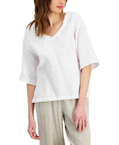 Jm Collection Petite Embellished Elbow-sleeve Textured Cotton Top, Created For Macy's In Bright White