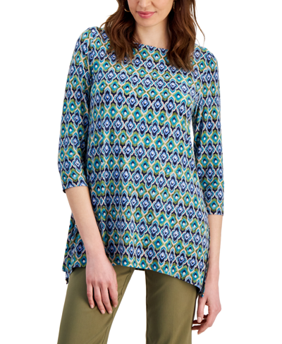 Jm Collection Women's Geo-print Jacquard Swing Top, Created For Macy's In Seafrost Combo