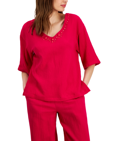 Jm Collection Petite Embellished Elbow-sleeve Textured Cotton Top, Created For Macy's In Claret Rose