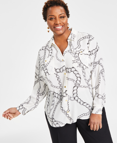 Inc International Concepts Plus Size Printed Collared Button Front Top, Created For Macy's In Chloe Chain White