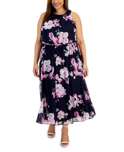 Robbie Bee Plus Size Floral-print Halterneck Maxi Dress In Navy,orchid