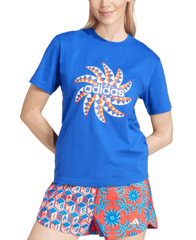 Adidas Originals Women's Farm Rio Cotton Printed Logo T-shirt In Bold Blue