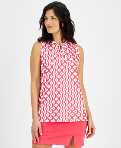 Anne Klein Womens Sleeveless Split Neck Geometric Print Tunic Top Pull On Slit Hem Mini Skort In Rich Camellia