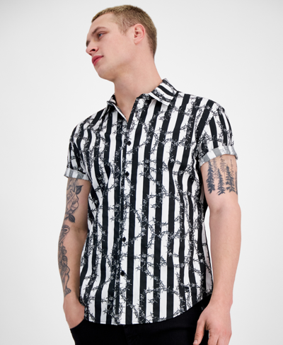 Crwth Men's Regular-fit Barbed Wire-print Stripe Button-down Shirt In Black Combo