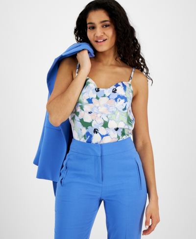 Bar Iii Women's Floral-print Cowlneck Top, Created For Macy's In Light Mint,delft Blue