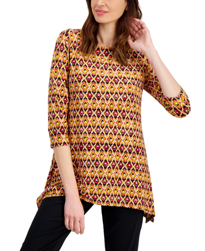 Jm Collection Women's Geo-print Jacquard Swing Top, Created For Macy's In Mustard Seed Combo