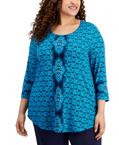 Jm Collection Plus Size Printed Scoop-neck 3/4-sleeve Top, Creted For Macy's In Seafrost Combo