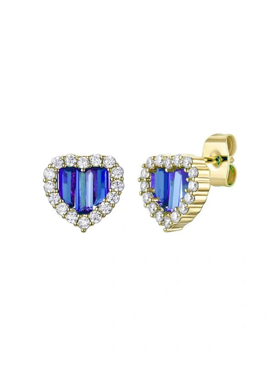 Rachel Glauber Young Adult 14k Yellow Gold Plated With Colored Cubic Zirconia Heart Stud Earring In Blue