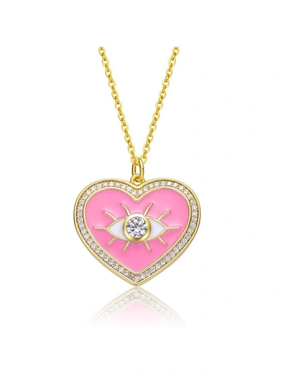 Rachel Glauber Young Adults/teens 14k Yellow Gold Plated With Clear Cubic Zirconia Pink Enamel Heart Pendant