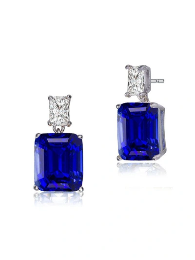 Rachel Glauber White Gold Plated With Colored Cubic Zirconia Rectangle Stud Earrings In Blue