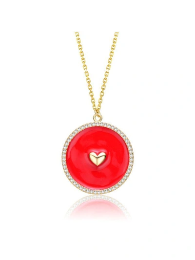 Rachel Glauber 14k Yellow Gold Plated With Clear Cubic Zirconia And Colored Enamel Round Pendant In Red