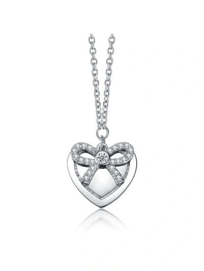 Rachel Glauber Chic White Gold Plated Tie Ribbon On Heart Shaped Pendant In Silver