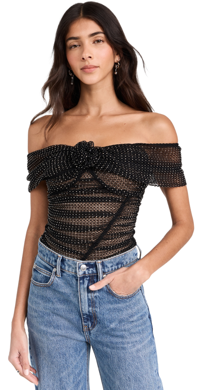 Self-portrait Black Rhinestone Fishnet Top Black