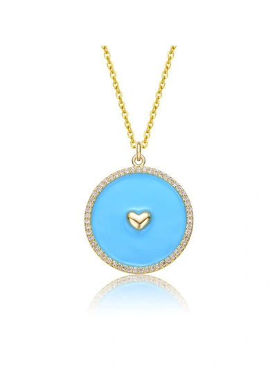 Rachel Glauber 14k Yellow Gold Plated With Clear Cubic Zirconia And Colored Enamel Round Pendant In Blue